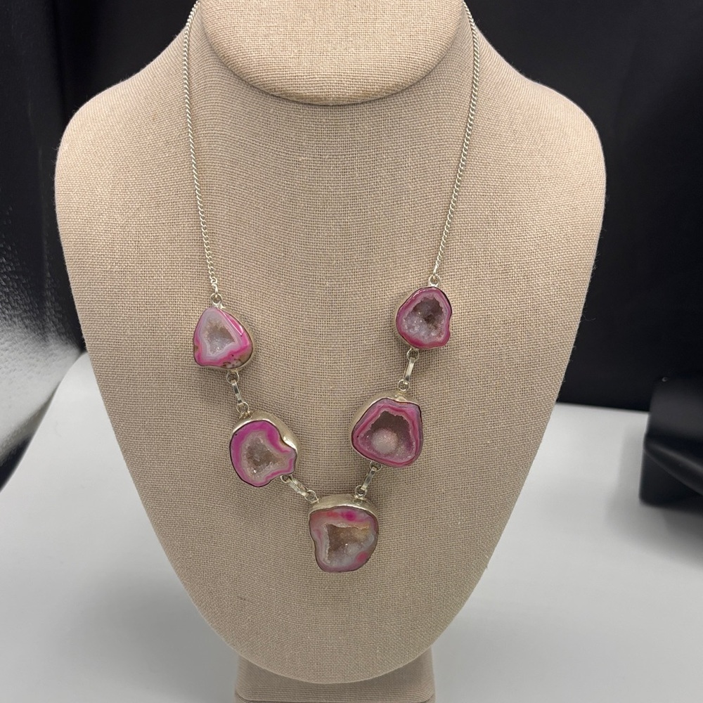 925 Sterling Silver Pink Agate Geode Slice Necklace - Women Jewelry